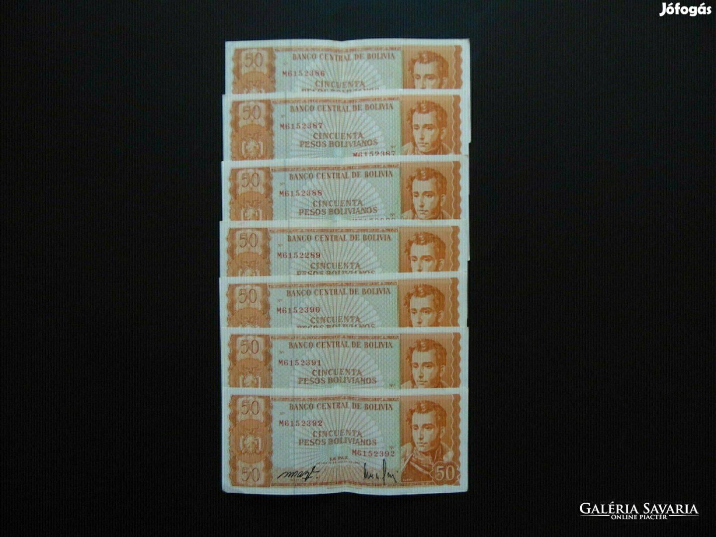 Bolívia 7 darab 50 bolivár 1962 Sorszámkövető