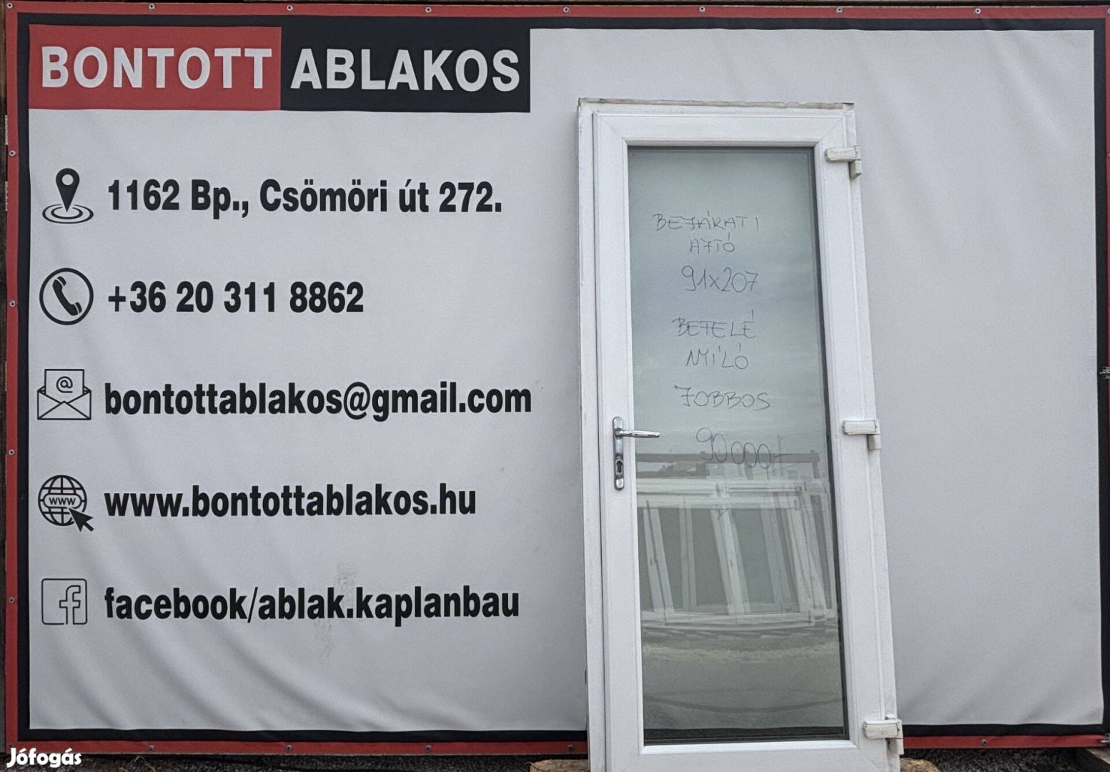 Bontott teli üveges bejárati ajtó 91x207 ára: 90.000,- Ft