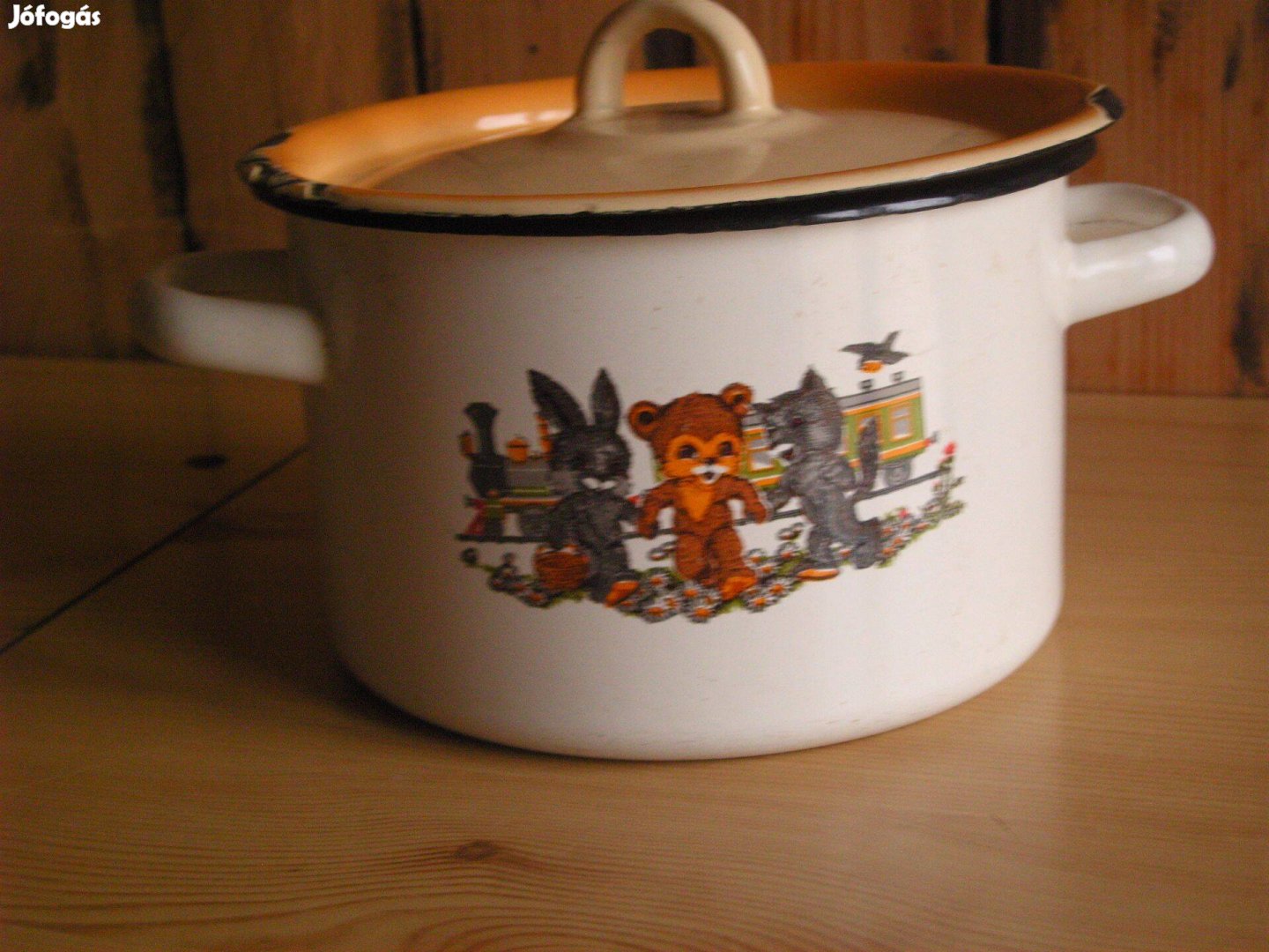 Bonyhádi lábas 2oldalt festett állatfigurás retró ritkaság