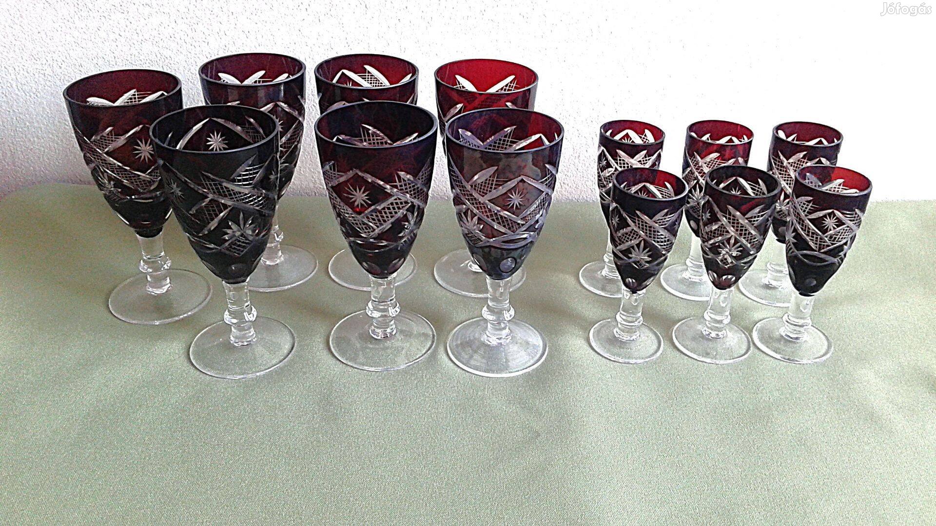 Bordó, csiszolt kristály, boros és röviditalos pohárkészlet