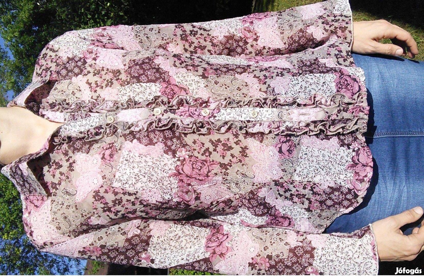 Bordó rózsaszín női blúz virágmintás 40 40-es hosszú ujjú rózsa