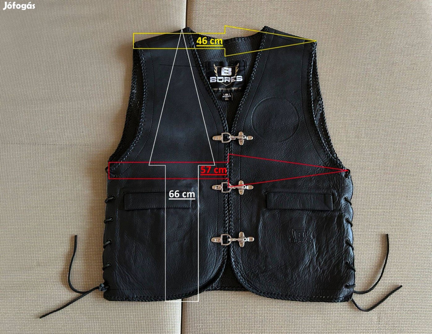 Bores légáteresztő fűzős motoros bőrmellény - chopper mellény - 3XL