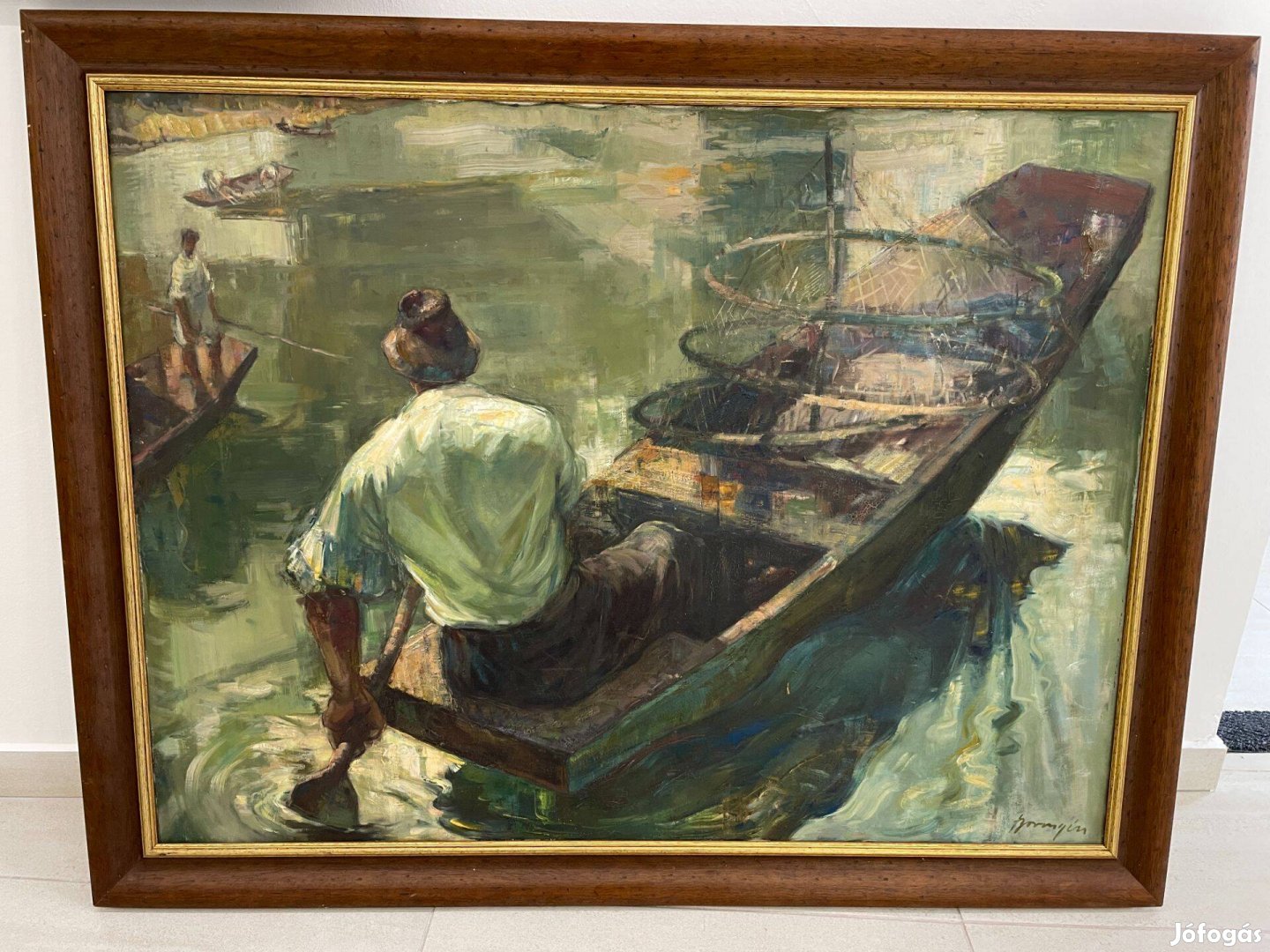 Boross Géza "Halászbrigád a Tiszán" festmény horgászat antik tó vízpar