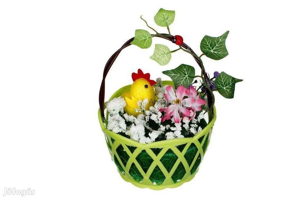 Borostyános húsvéti asztaldísz csibés kosár 13X17 cm