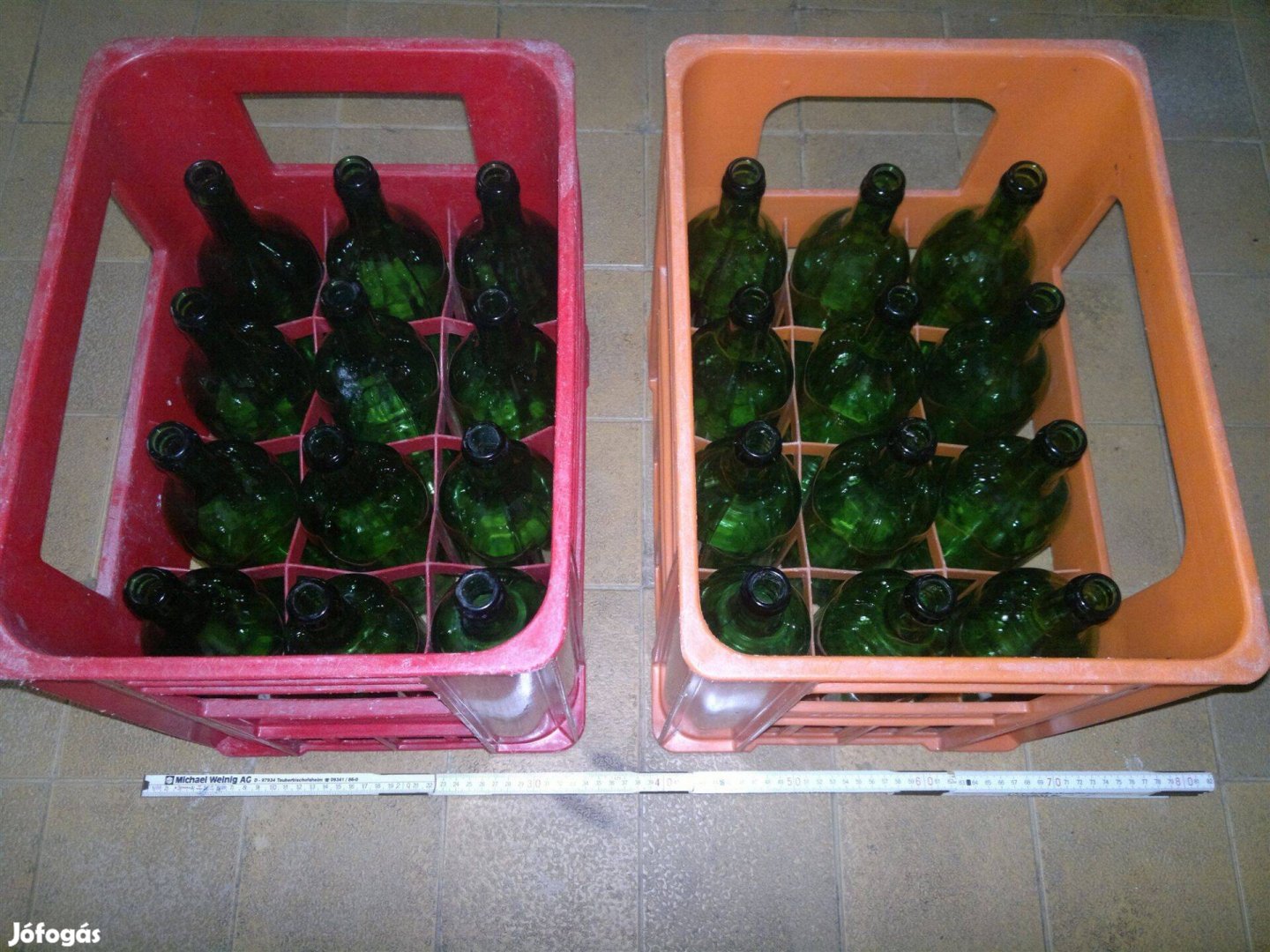 Borosüveg 1 literes zöld sértetlen + szállitó rekesz