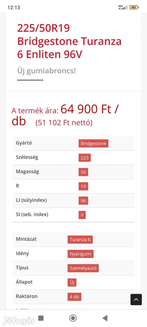 Bridgestone Turanza új nyári gumi 225/50 R19' 