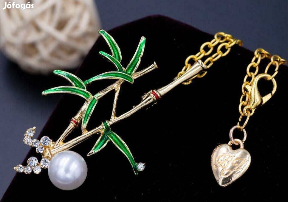 Bross, kitűző BNY05 - Strasszos, gyöngyös szerencse bambusz