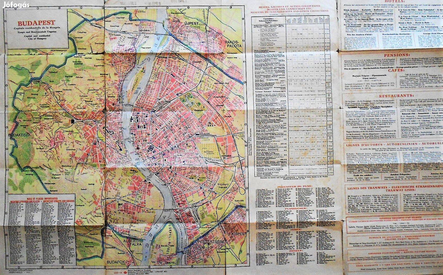 Budapest régi térkép 1930 francia angol német