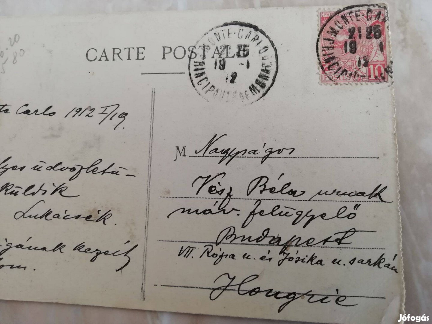 Budapestre cimezve 1912-es szép Monte-Carlo-i képeslap ritka