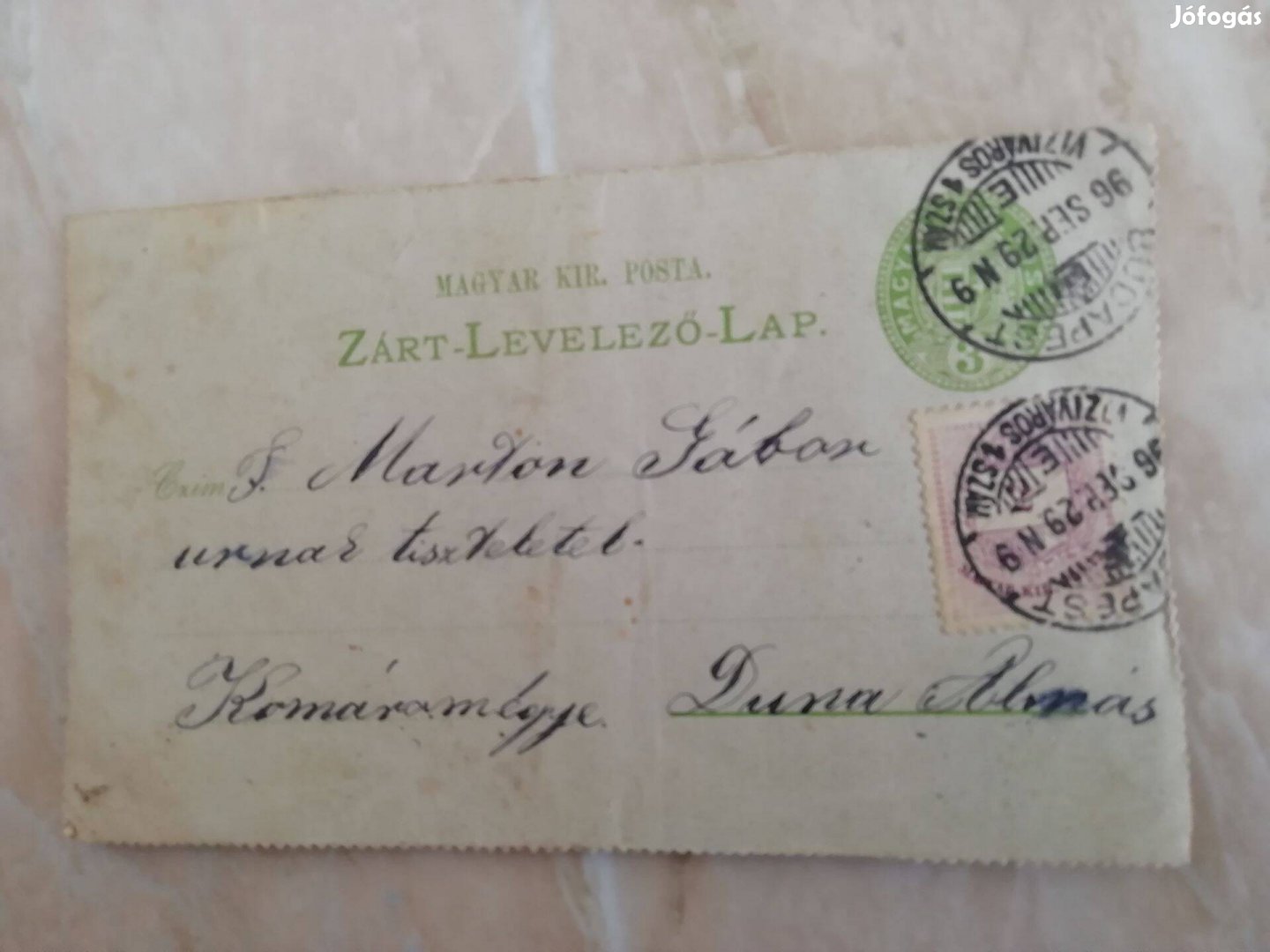 Budapestről Dunaalmásra címezve 1896-os levelezőlap