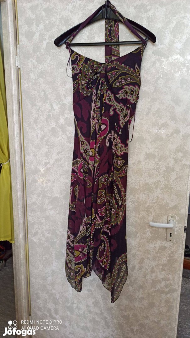 CA lila mintás nyakba kötős aszimmetrikus aljú muszlin ruha