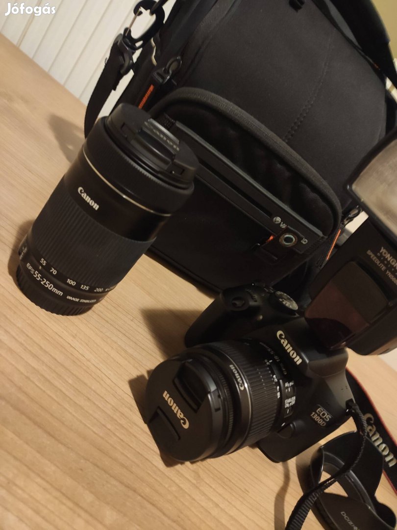 Canon EOS 1300D + objektív fényképezőgép váz, vaku, fotós táska 