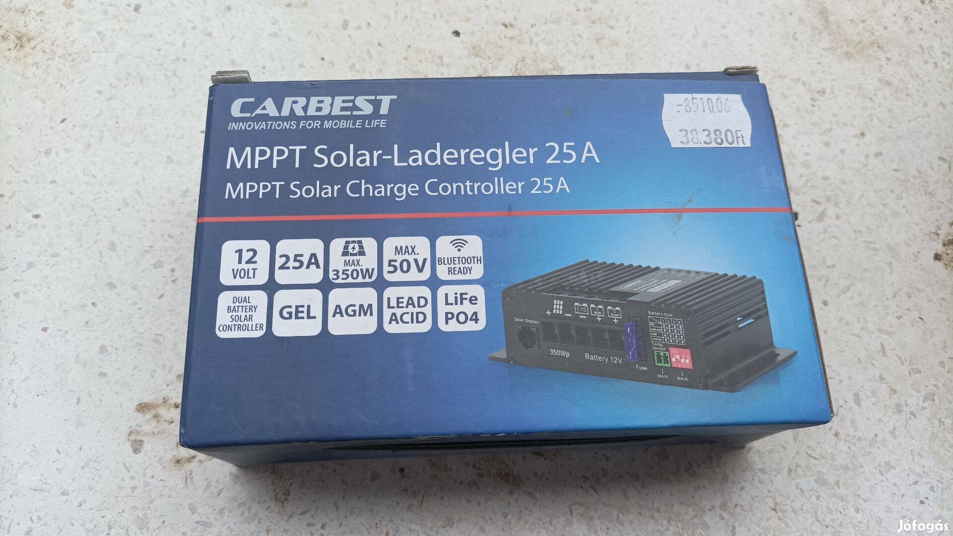 Carbest MPPT lakóautó napelem töltésvezérlő 12V/25A/350W (új)