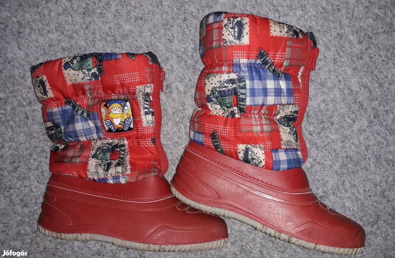 Caribu piros mintás szőrme béléses cipzáros hótaposó csizma