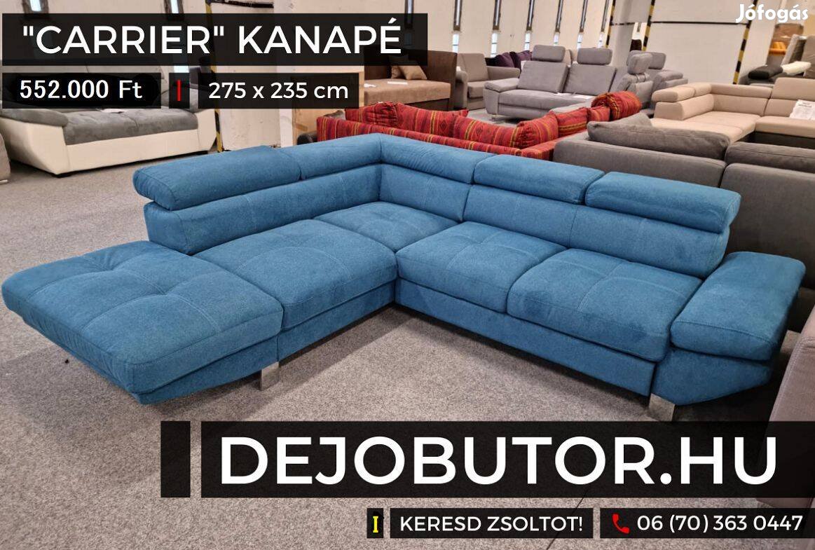 Carrier kék sarok rugós kanapé ülőgarnitúra 275x235 cm ágyazható
