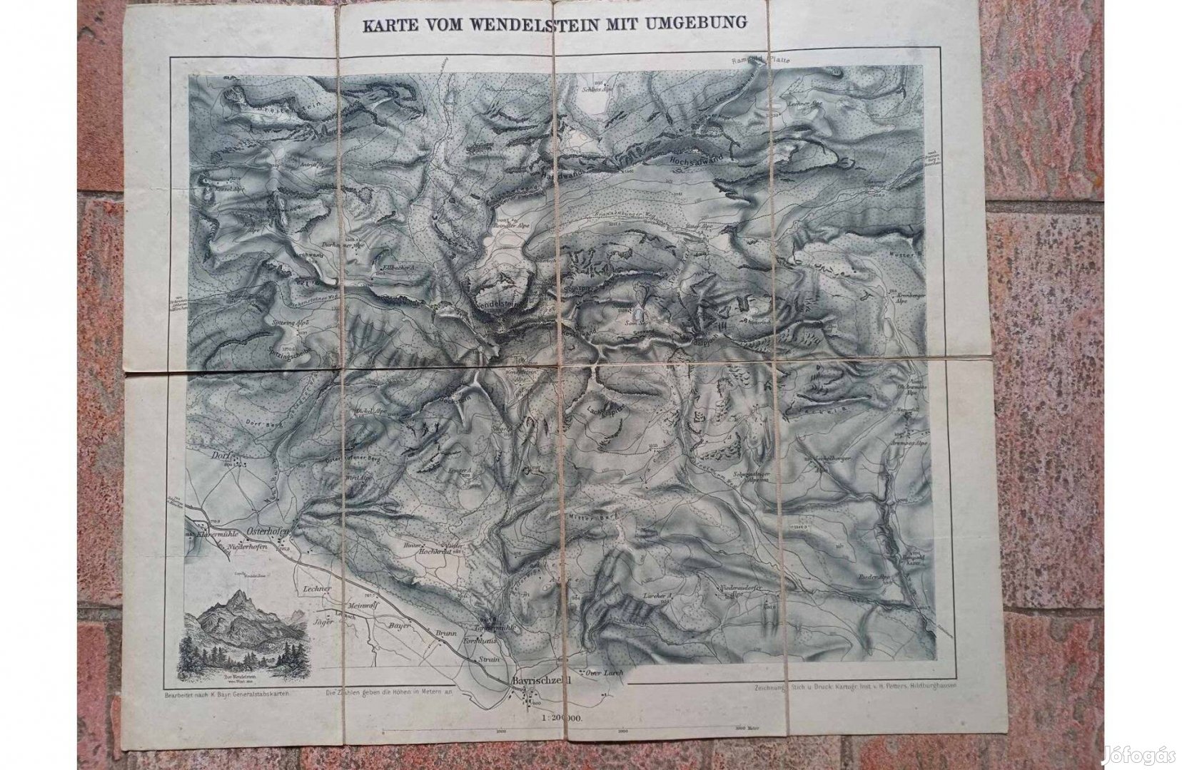 Cca 1890 Wendelstein és környéke litografált térkép vászonra kasírozva