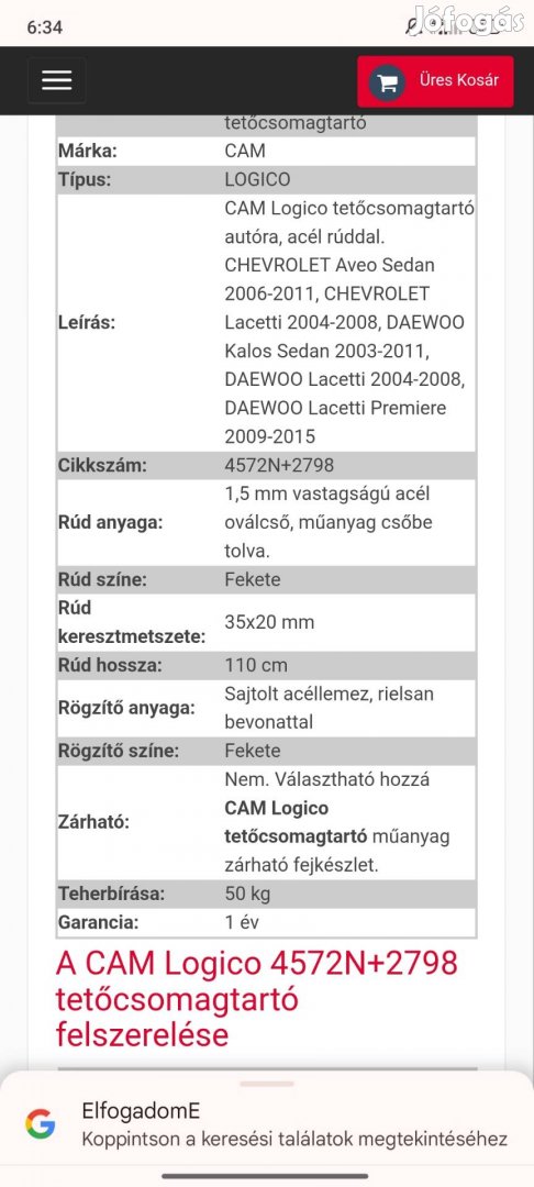 Chevrolet Lacetti tetőcsomagtartó, csomagtér háló