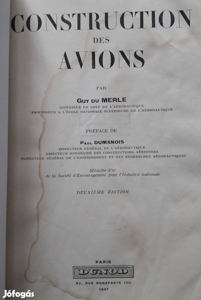 Construction des avions - Guy du Merle, Préface de Paul Dumanois 1947