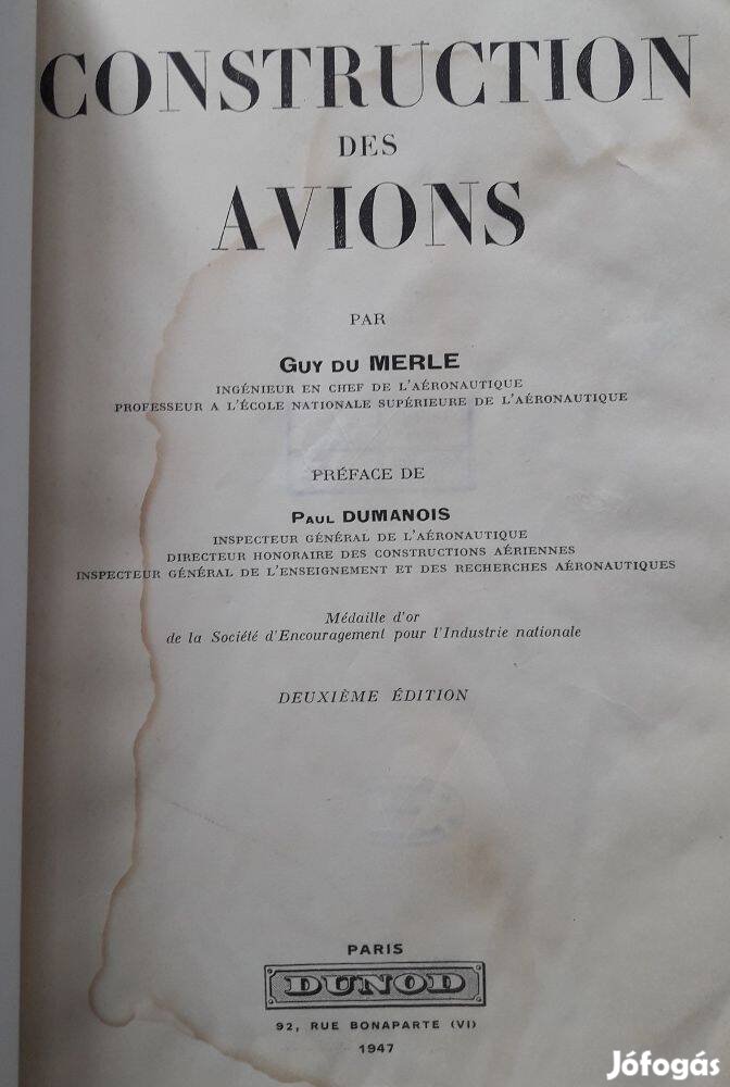 Construction des avions - Guy du Merle, Préface de Paul Dumanois 1947