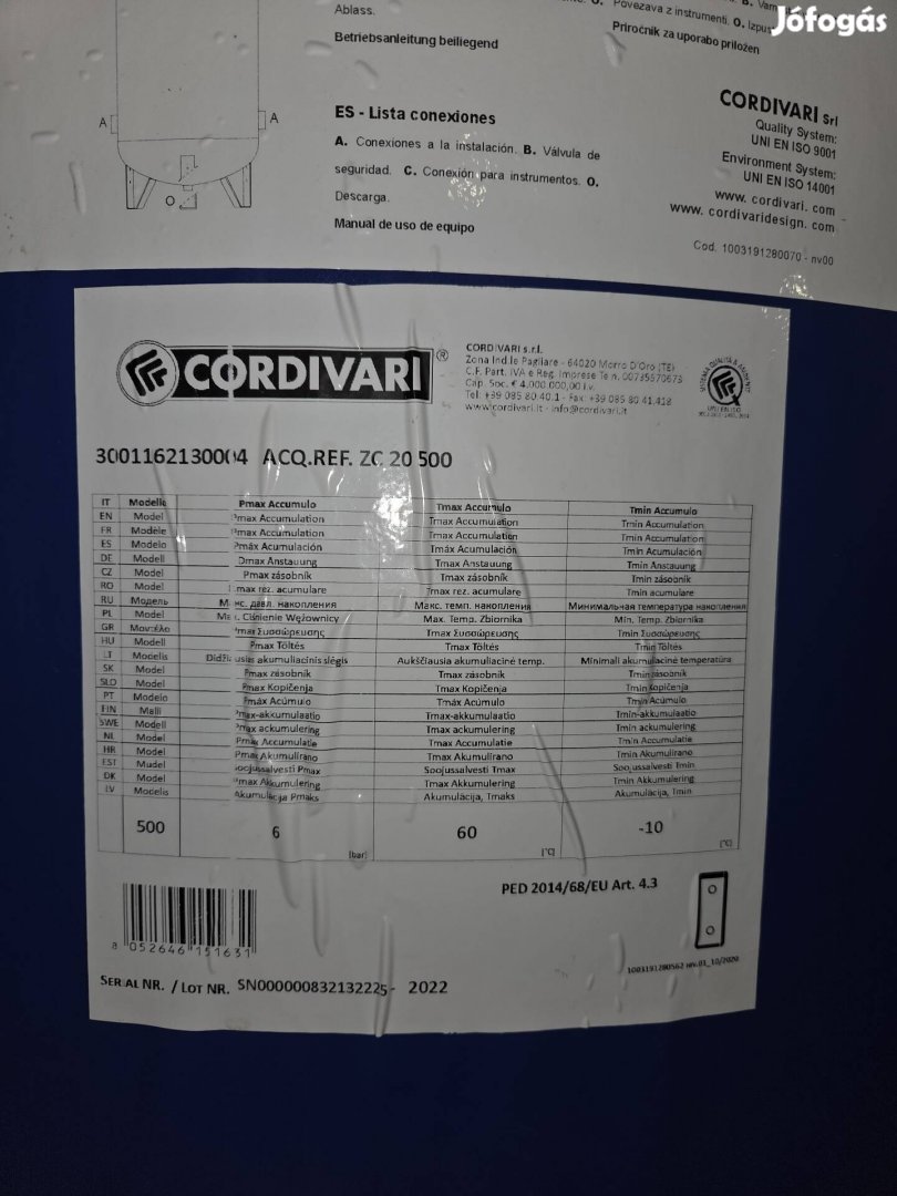 Cordivari Acq.REF. ZC 20 500 fűtési puffertároló