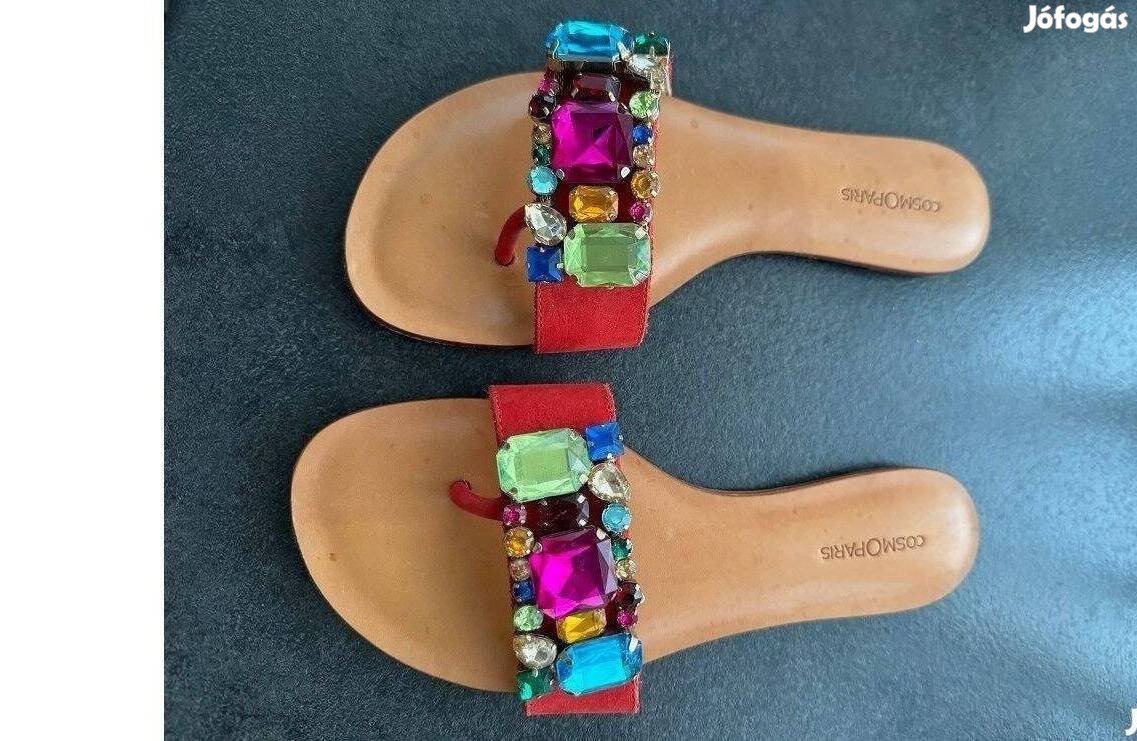Cosmoparis női új bőr elegáns flip-flop papucs kövekkel 39