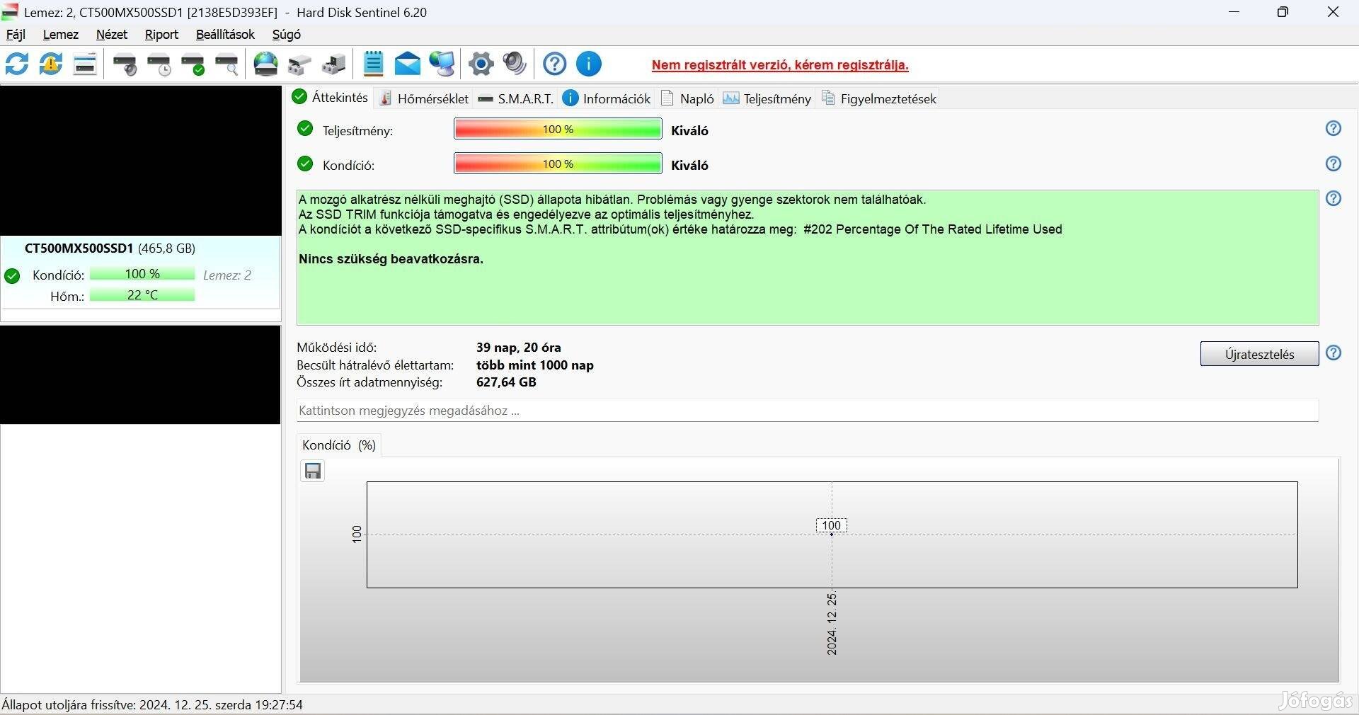 Crucial 500GB SSD 39nap 100/100