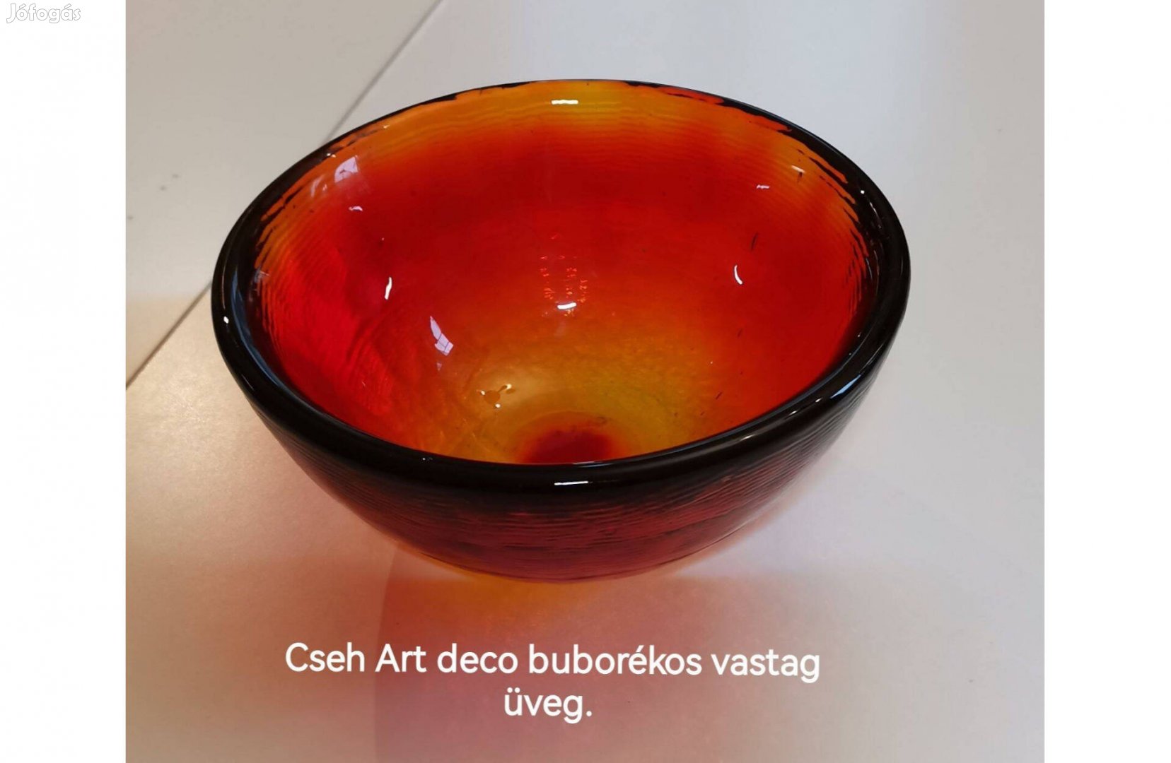 Cseh At deco vastagfalú buborékos vastag üveg, asztaldísz, piros