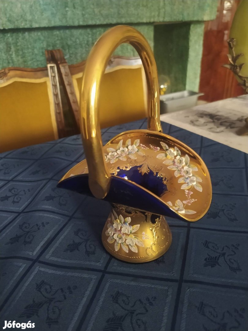 Cseh Bohémia, virágrátétes füles kosár 21 cm.Bp.II.