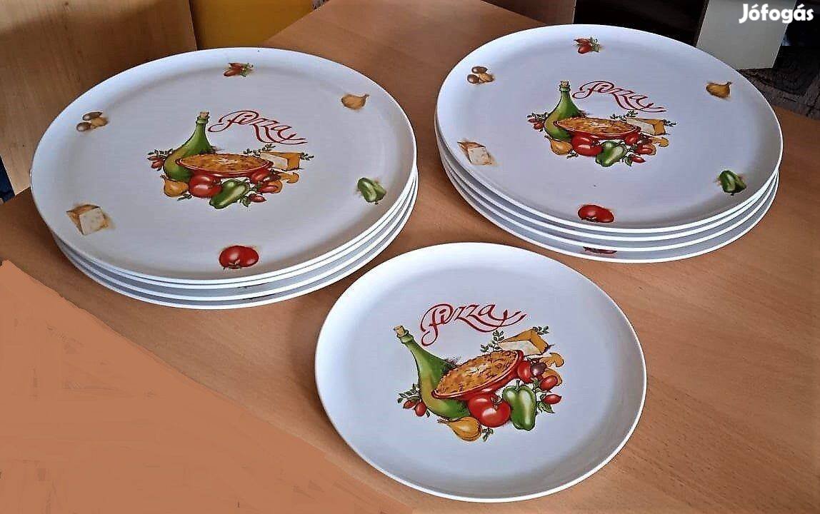 Cseh nagy porcelán pizzás tál, össz. 9 db. szép, színes képekkel