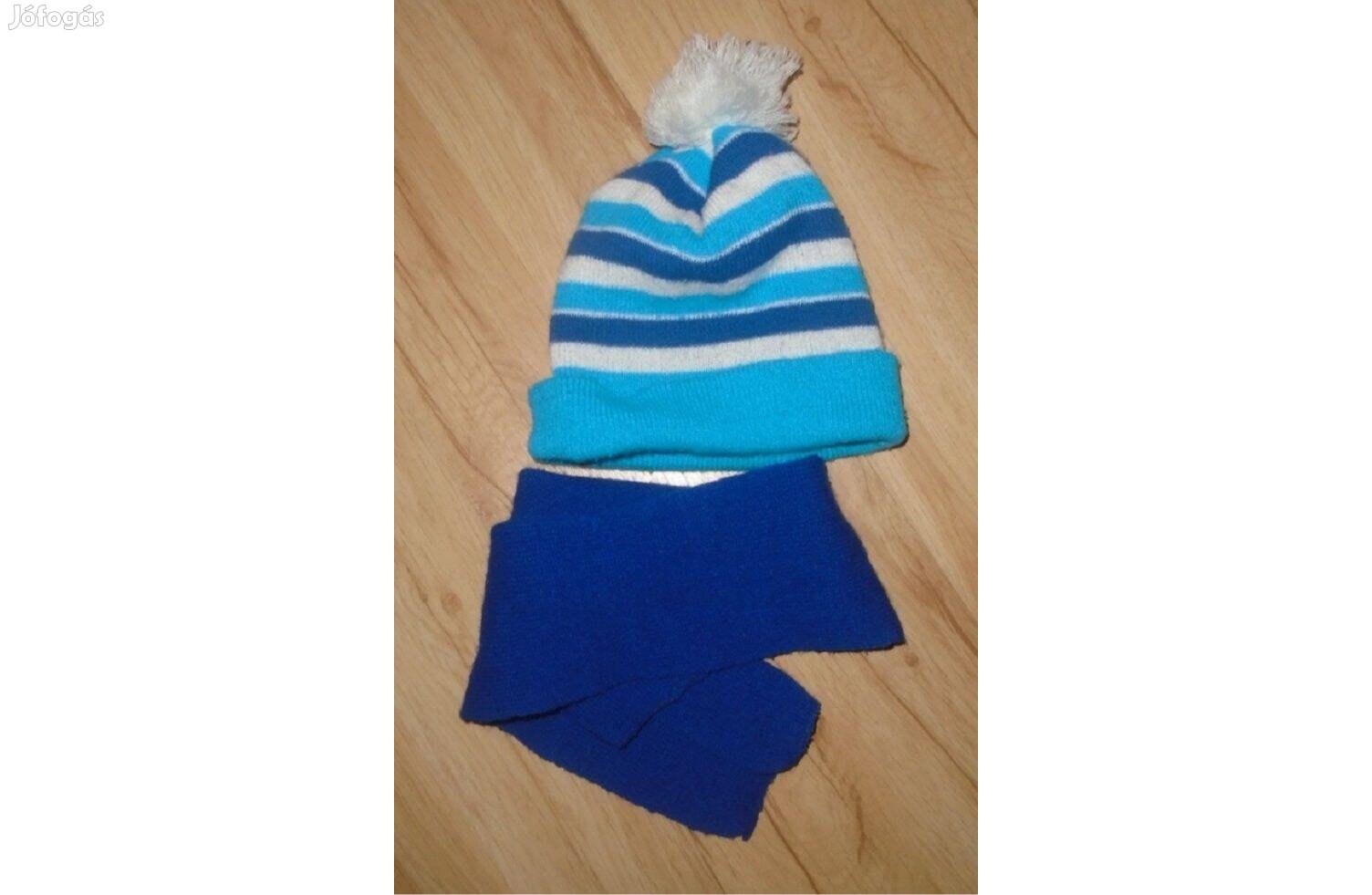 Csíkos bojtos kötött sapka sál - kb. óvodás méret