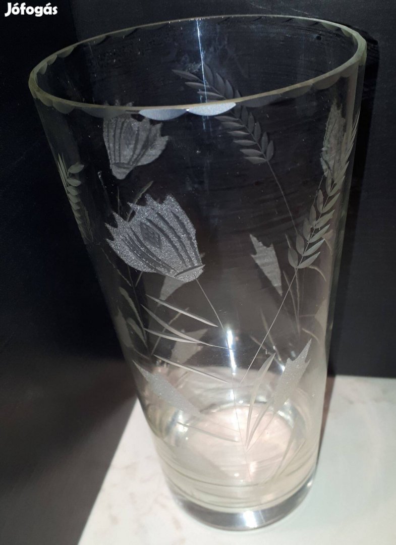 Csiszolt kalász és pipacs mintás váza 20 cm magas átmerője felül 10 cm