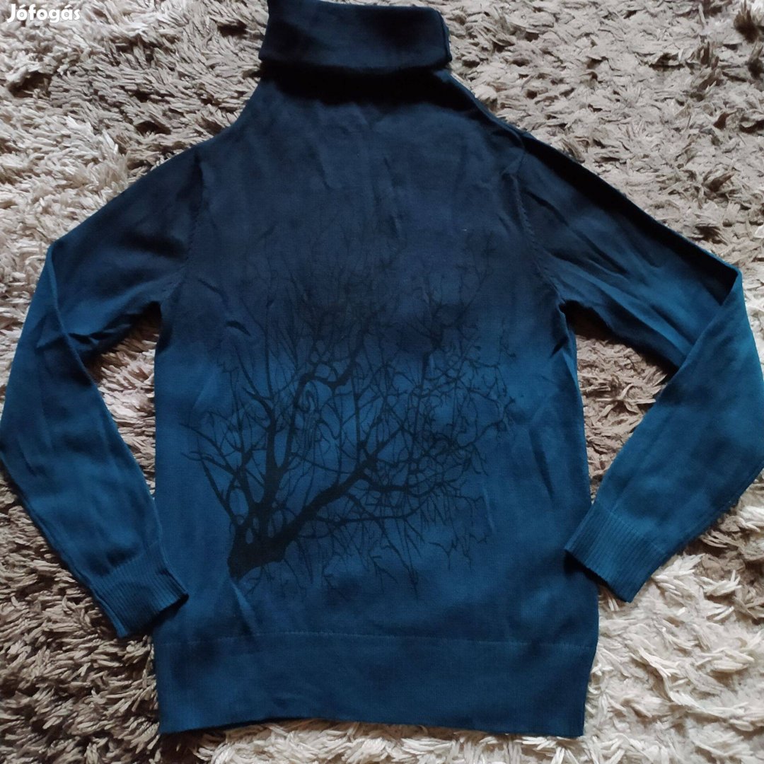 Csodaszép kék színátmenetes faágmintás garbós női kötött pulóver 36