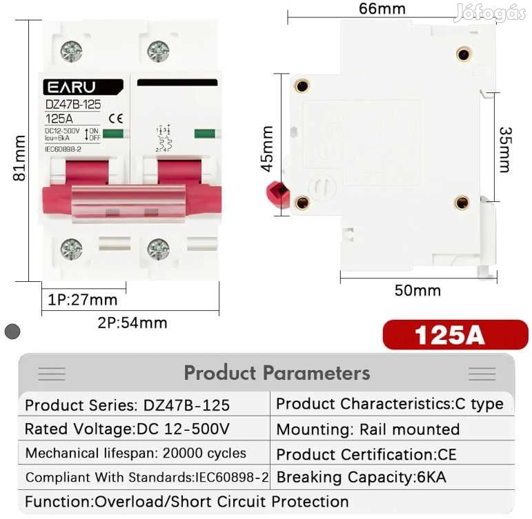 DC Kismegszakító/Autómata Biztosíték 12-500V 125A Dupla  (5795)