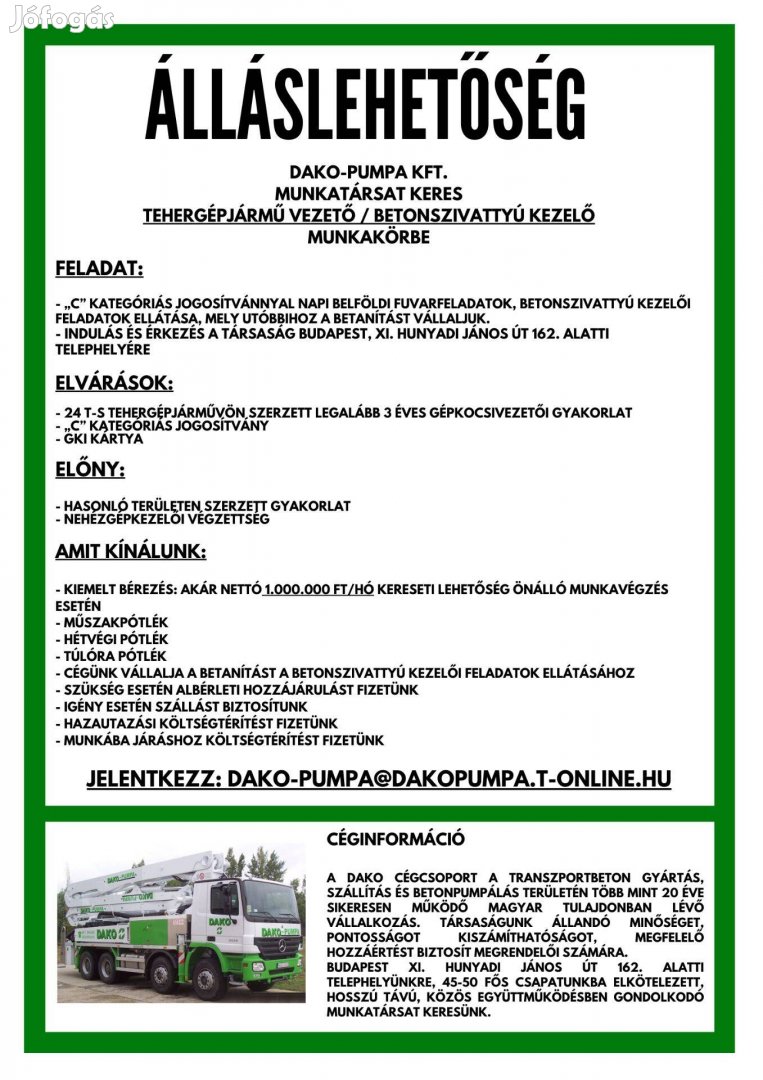 Dako-Pumpa - Tehergépjármű vezetőBetonszivattyú kezelő