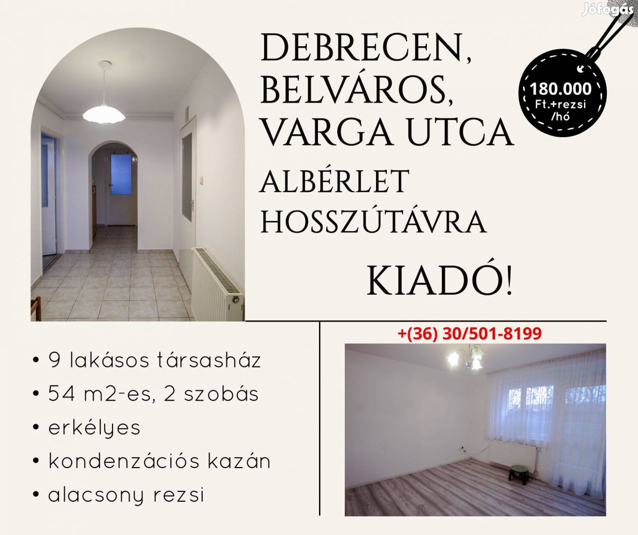 Debrecen Belváros, Varga utcán, erkélyes, 2 szobás lakás kiadó