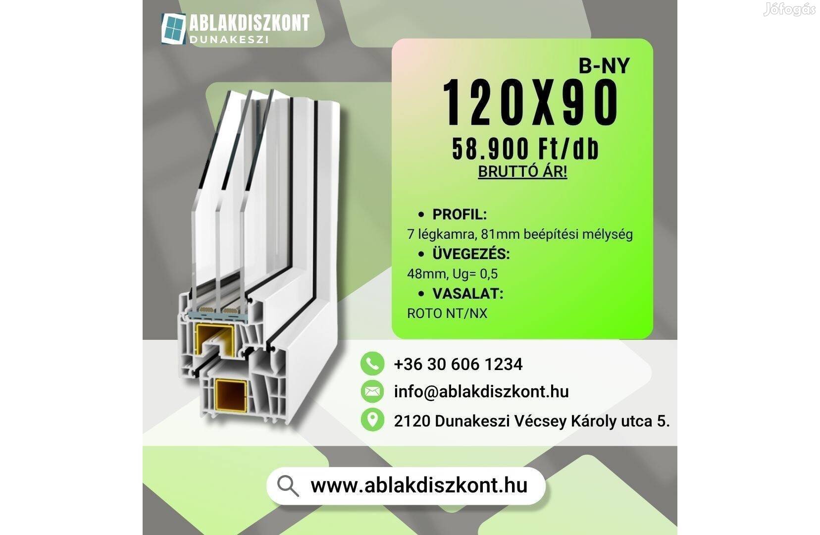 Decco 120x90 bukó-nyíló műanyag ablak 3 rétegű üvegezéssel raktárról