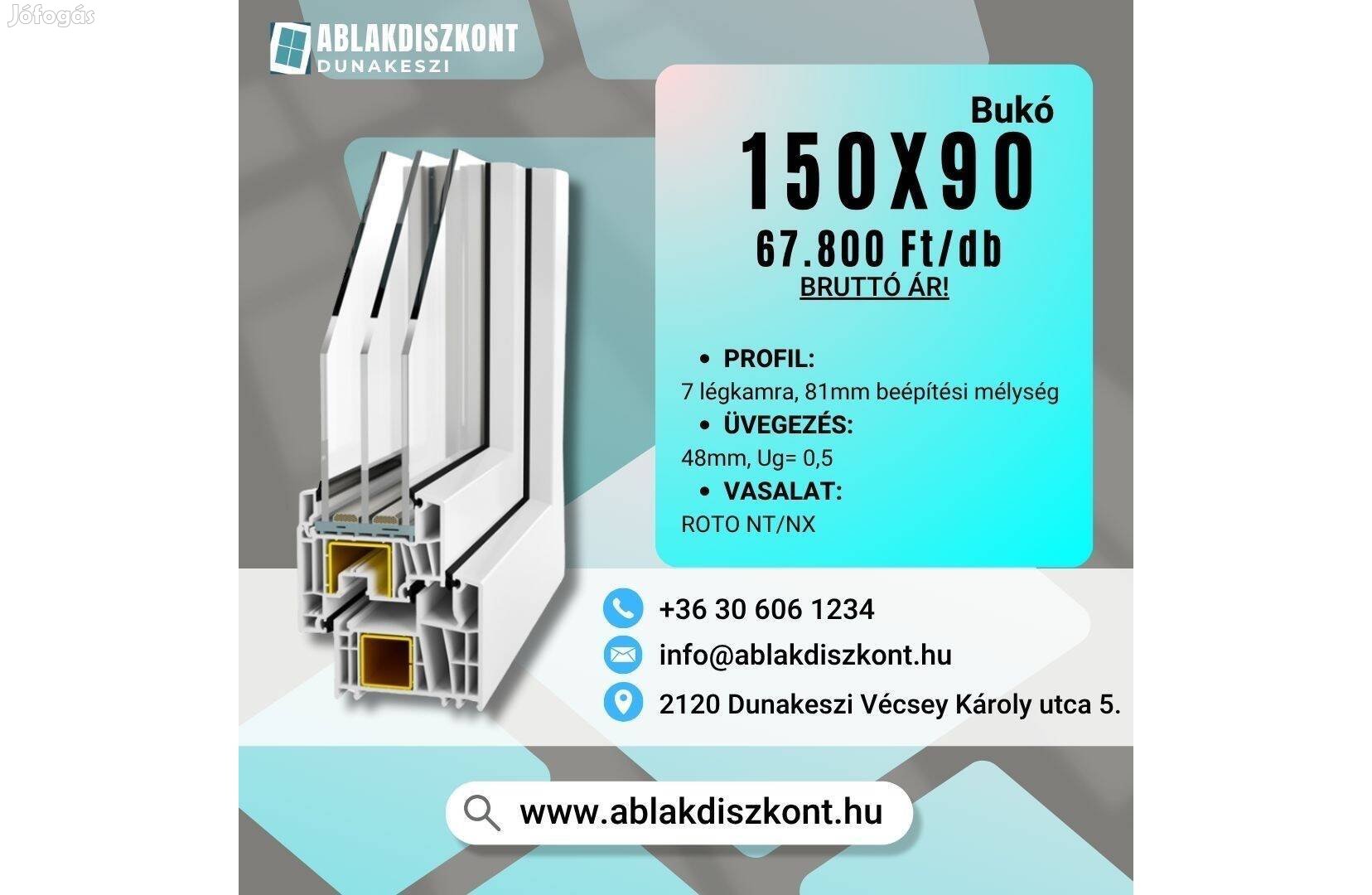Decco 150x90 bukó műanyag ablak 3 rétegű üvegezéssel raktárról azonnal