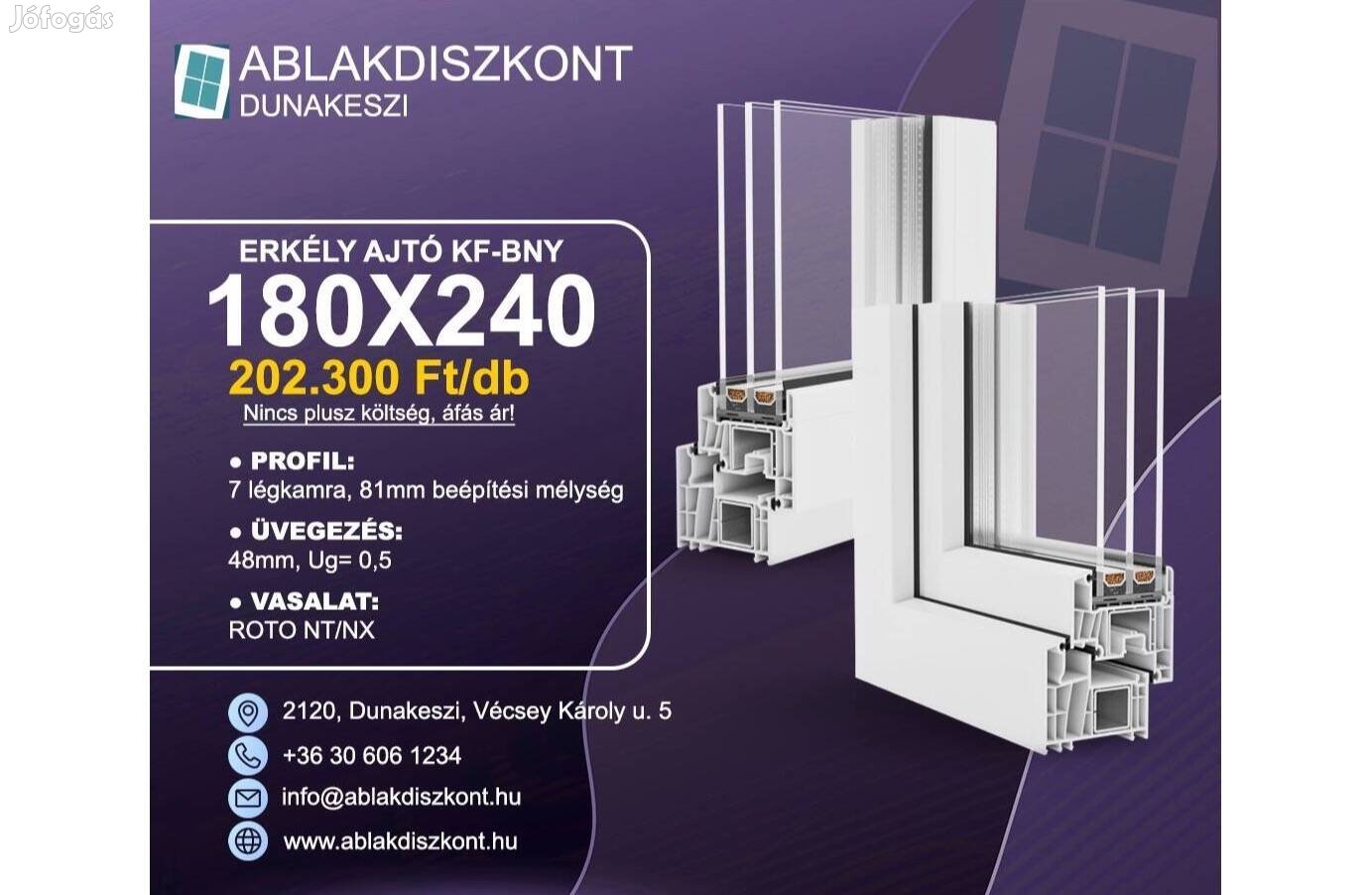 Decco 180x240 műanyag erkély ajtó 3 rétegű üvegezéssel