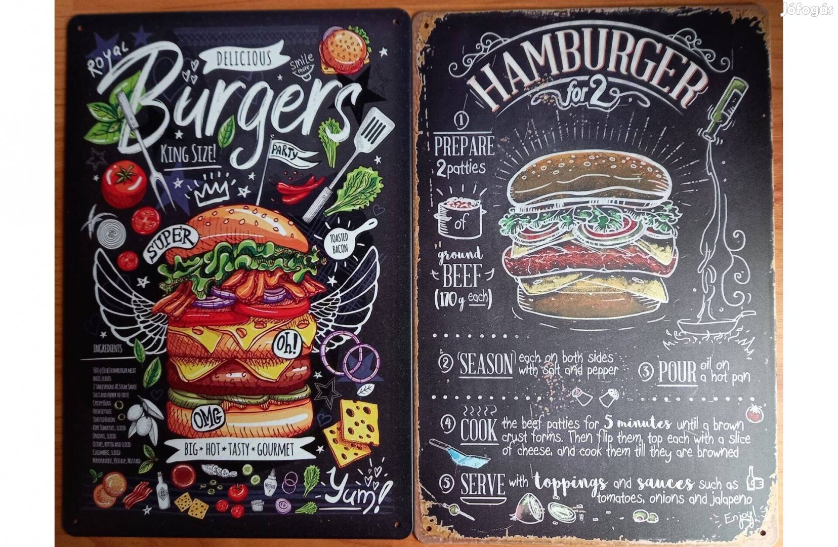 Dekorációs fém tábla (Finom Burgerek Nagy Forró Ízes - Hamburger Recep