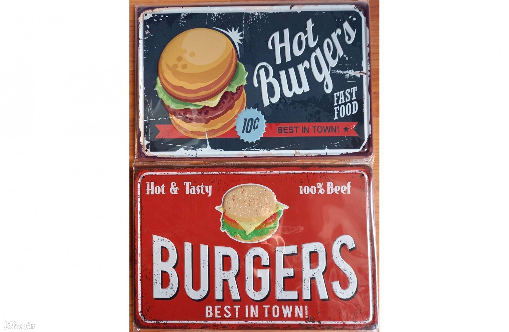 Dekorációs fém tábla (Hamburger - Forró És Izletes, 100% Marhahús - HO