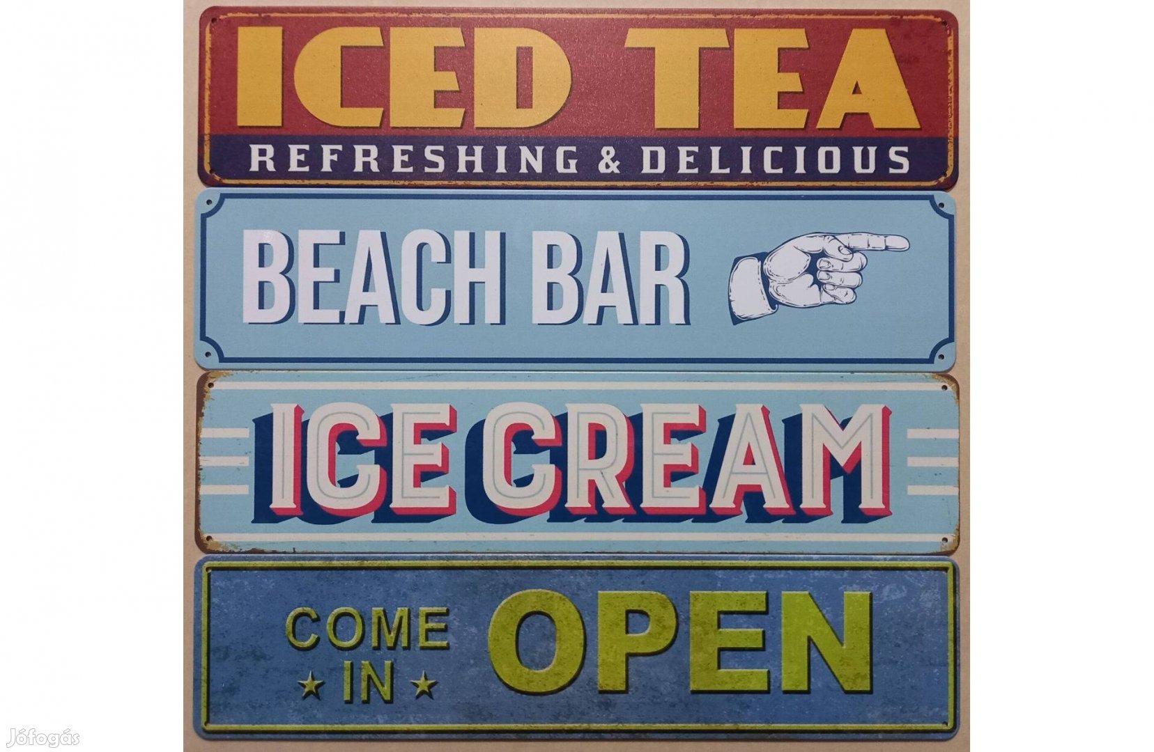 Dekorációs fém tábla (Jeges TEA, Beach BAR, ICE Cream, Gyere Nyitva)