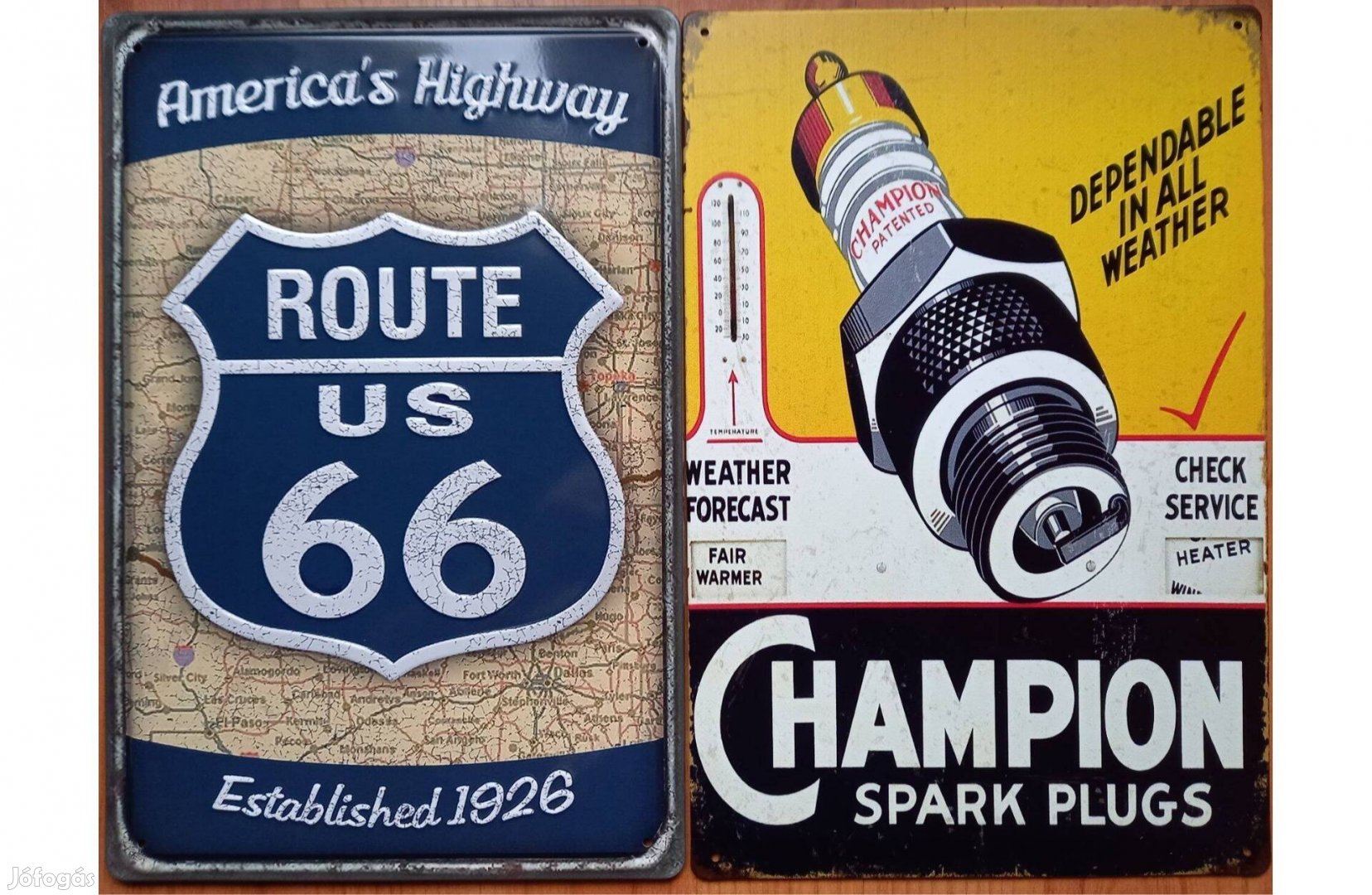 Dekorációs fém tábla ( Route U.S. 66 - Bajnok Gyújtógyertyák Champion)