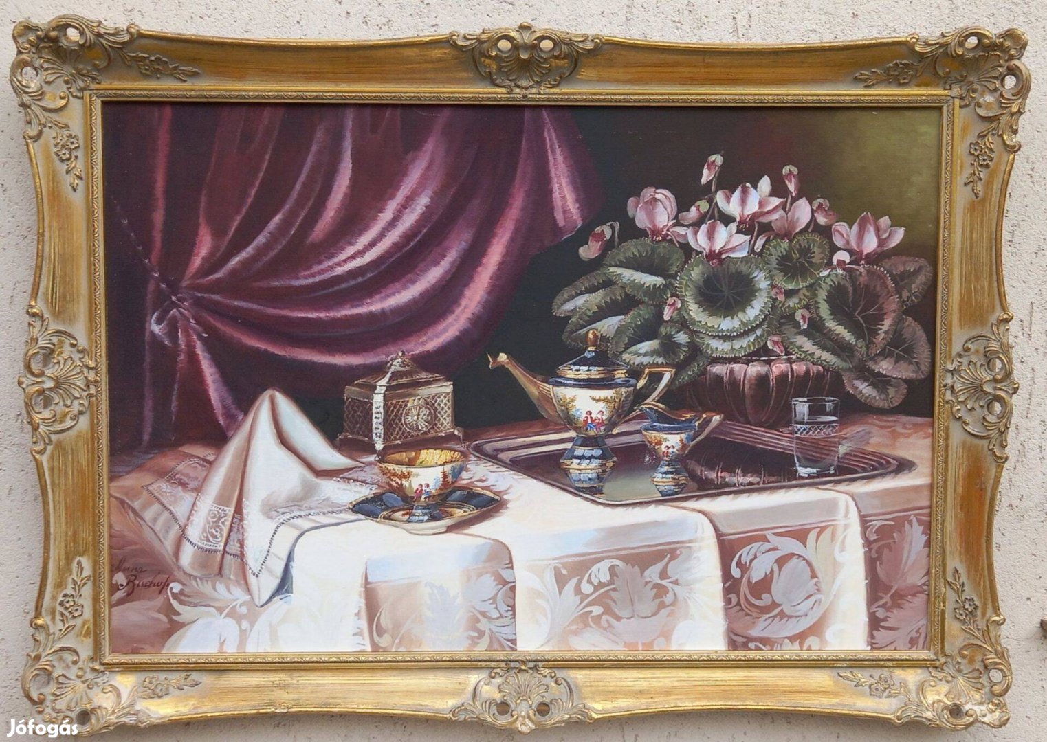 Dekoratív, nagy asztali csendélet olajfestmény