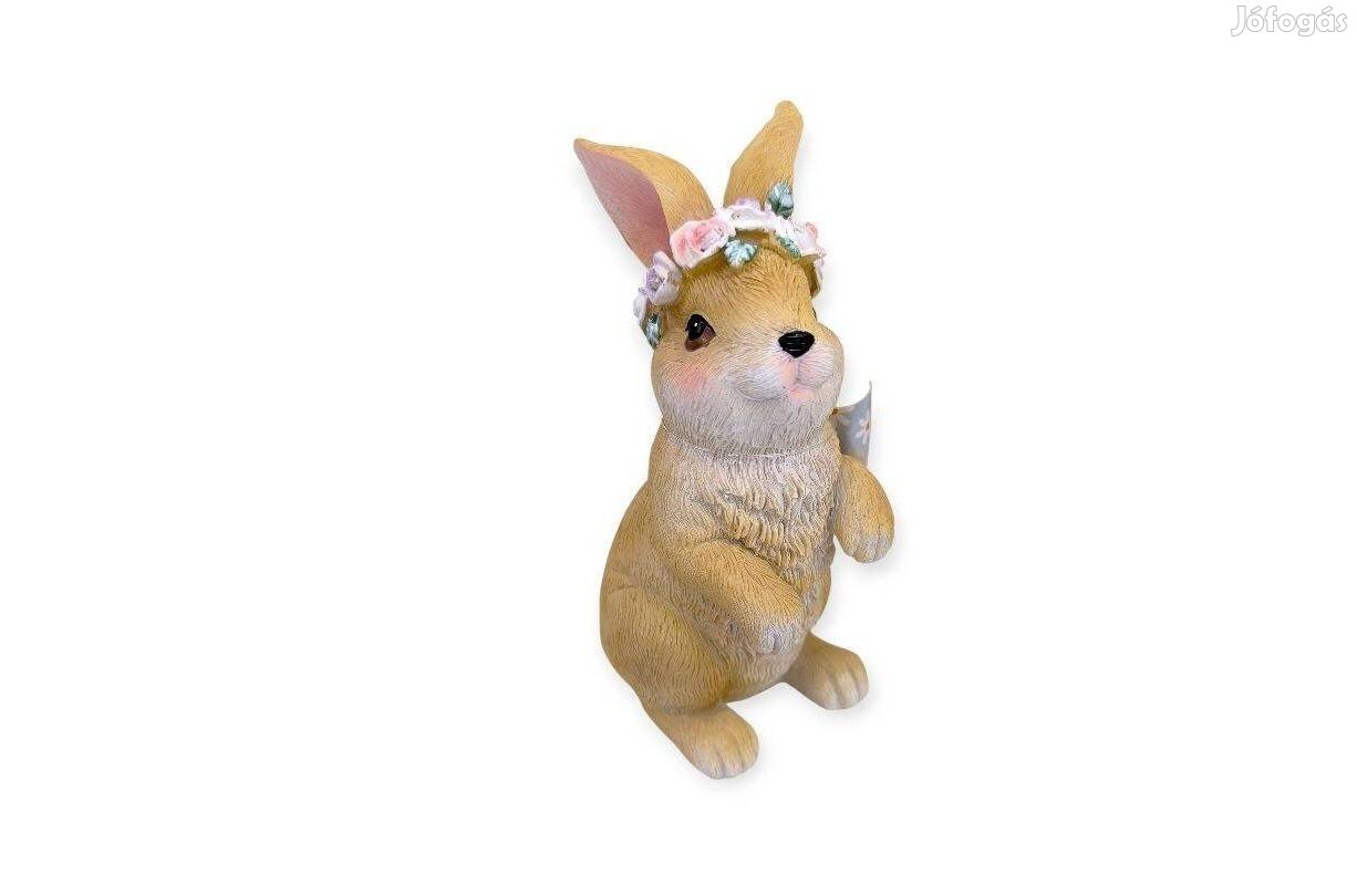 Dekoratív húsvéti nyúl figura virágkoszorúval 7x8x16 cm