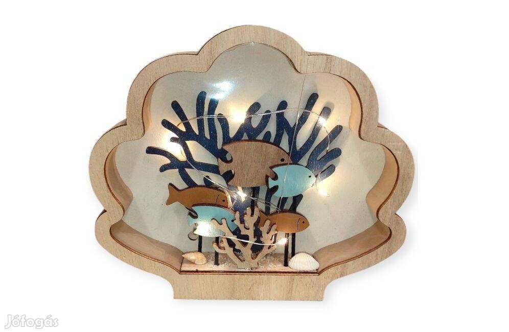 Dekoratív világító fa kagyló dísz halakkal, LED világítással