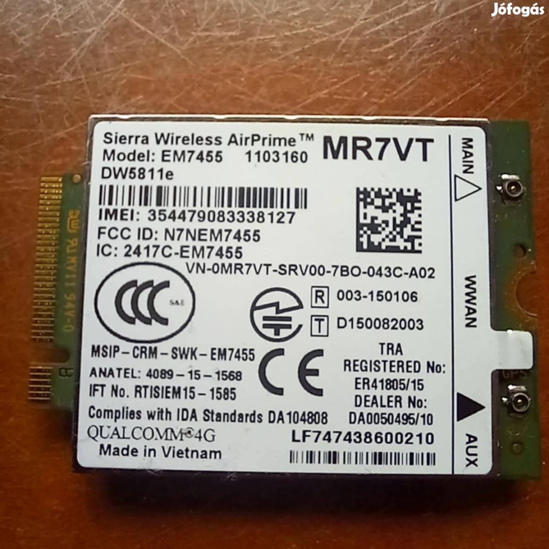 Dell 4G modem laptopba! DW5811e MR7VT EM7455 Snapdragon X7 LTE & GPS!