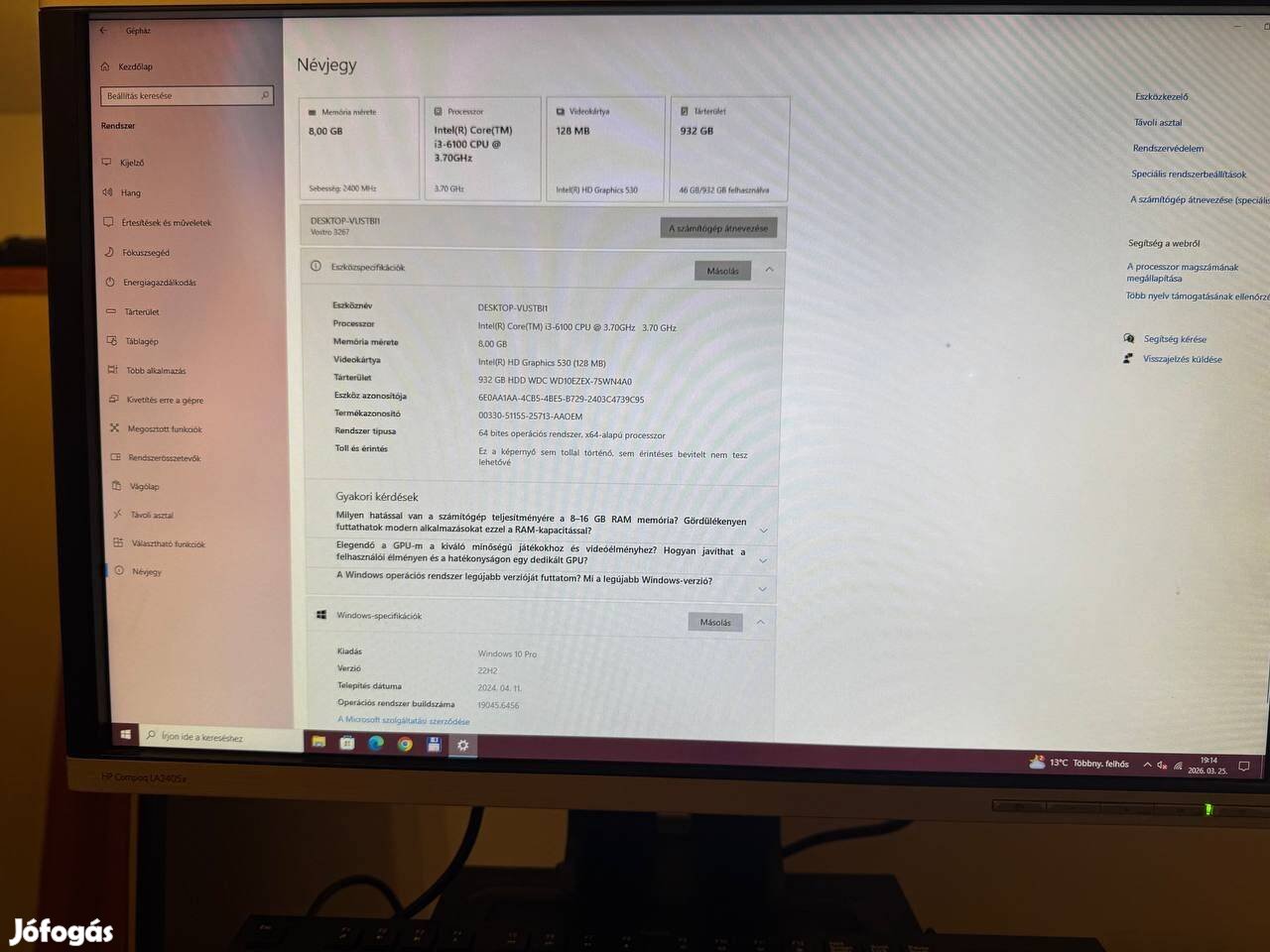 Dell Vostro asztali számítógép HP monitor konfiguráció