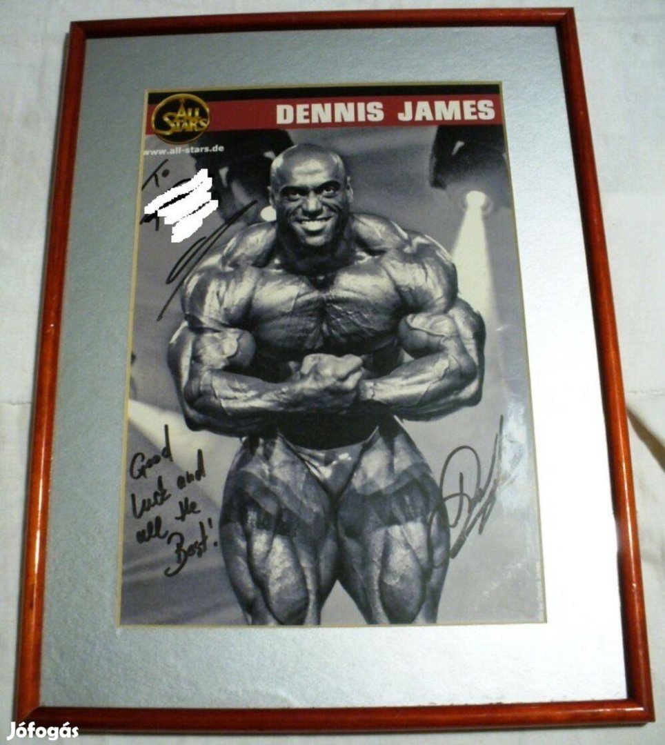 Dennis James testépítő bodybuilder eredeti aláírással keretezett kép