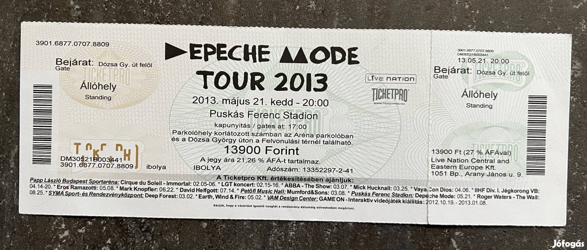 Depeche Mode koncertjegy Budapest 2013 használt