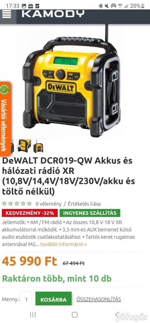 Dewalt épitkezési radió 18v akkus és hálózati